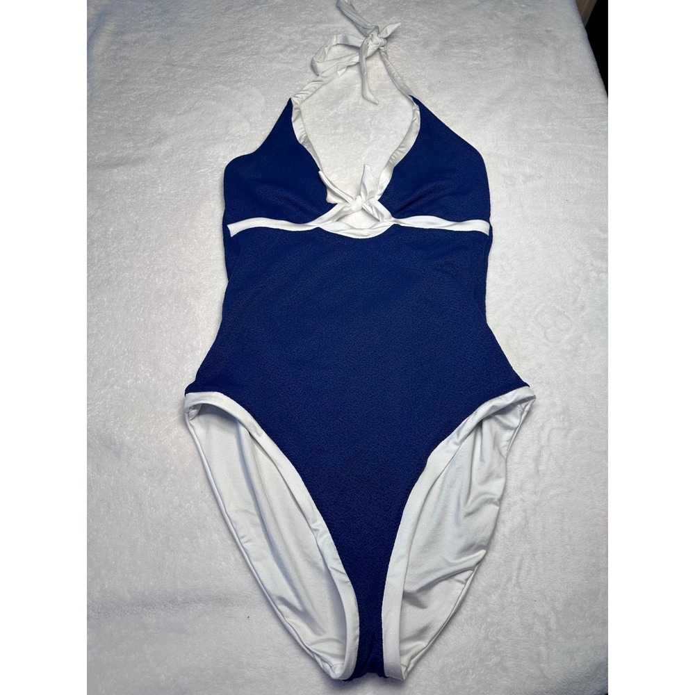 Trina Turk Womens courtside Navy Blue White Textured Halter Swimsuit Size 12